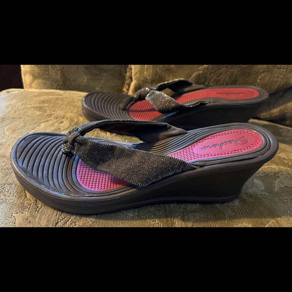 Skechers Rumblers Womens Sz 8 Dark Brown Metallic Sparkle Sandals Wedge